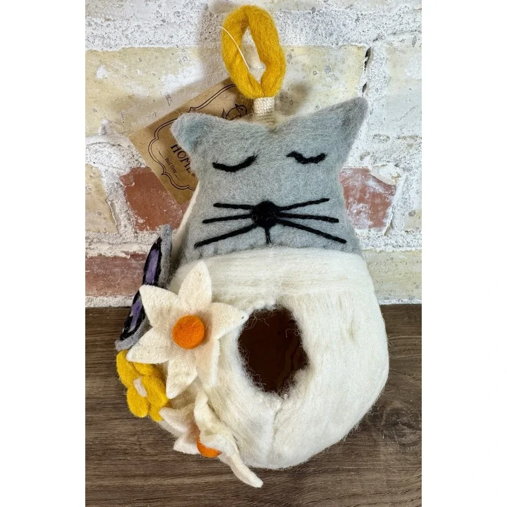 Felted Wool Birdhouse Cat Lover Gift Butterfly Bird Cozy Handmade Indoor Outdoor